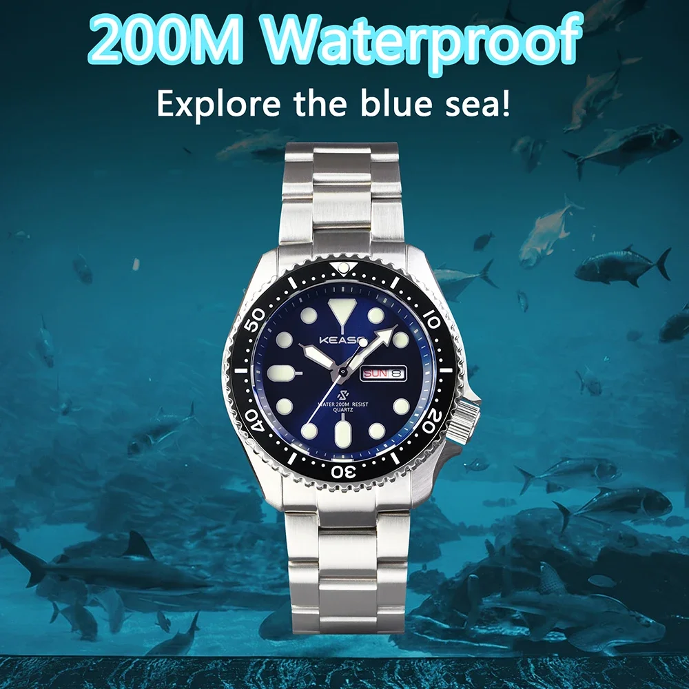 Reloj de Buceo KEASO para Hombre, Súper Luminoso C3, Acero Sólido 316L, Resistente al Agua 20 Bar, Espejo de Zafiro, Movimiento de Cuarzo MIYOTA 2035