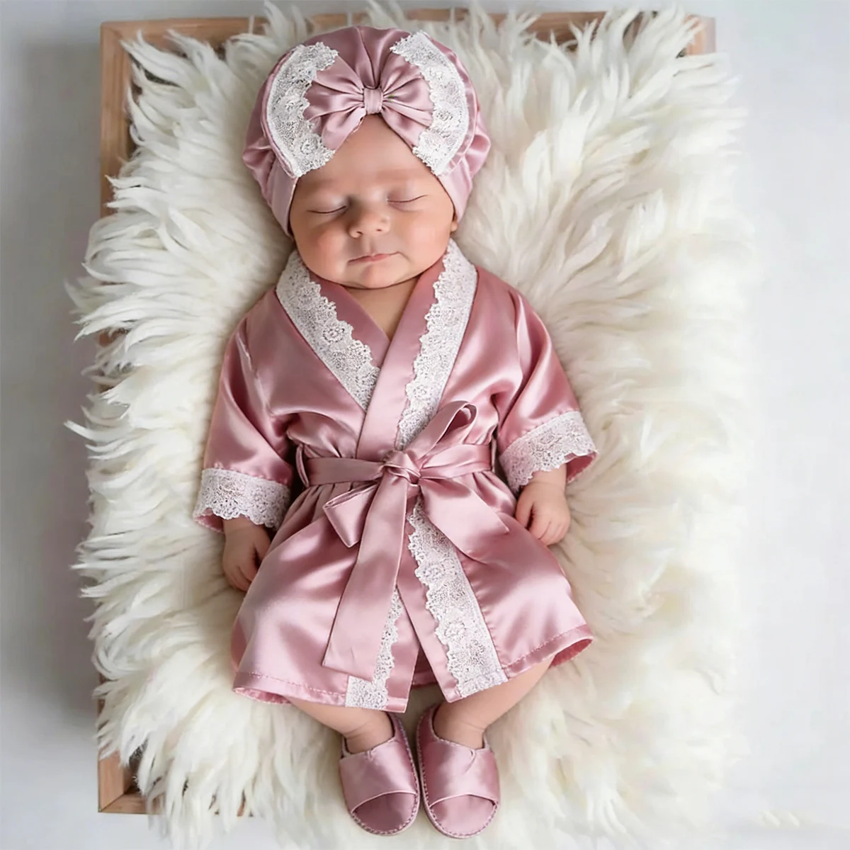Conjunto de 3 Piezas para Fotografía de Recién Nacidos, 1 Mes, 100 Días, Bata de Encaje para Bebé Niña con Lazo, Turbante, Gorro y Pantuflas, Accesorios para Fotos