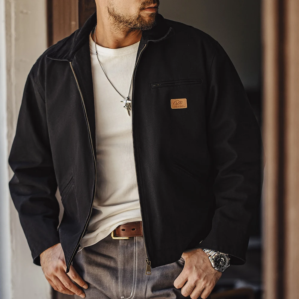 Maden Chaqueta Retro J001 Detroit para hombre, abrigo de caza de lona pesada, chaquetas de trabajo con cuello de solapa y cremallera para primavera y otoño