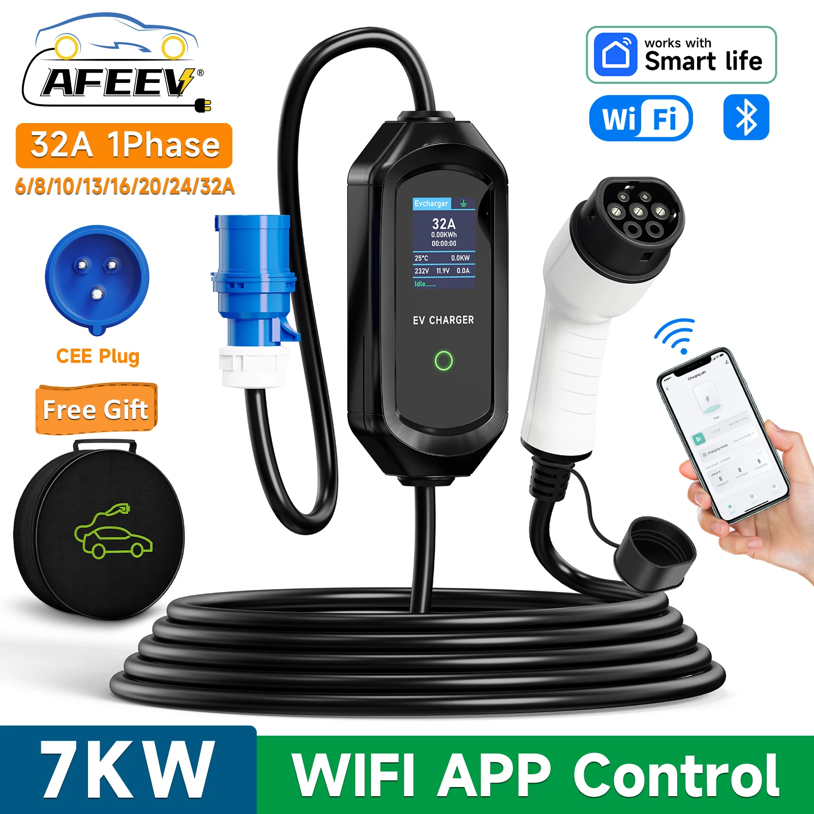 Cargador Portátil para Vehículos Eléctricos AFEEV Tipo 2, 7KW 32A, Monofásico, Wallbox Tipo 1/GBT, Cable de Carga Rápida EVSE, Enchufe CEE, Control por Bluetooth y APP