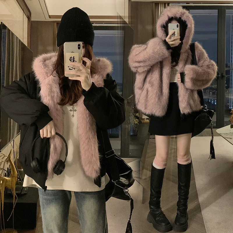 Nuevas chaquetas de invierno a la moda, ropa corta holgada de dos caras para mujer, chaqueta acolchada de algodón con capucha de piel de terciopelo de visón de imitación, abrigos de tendencia