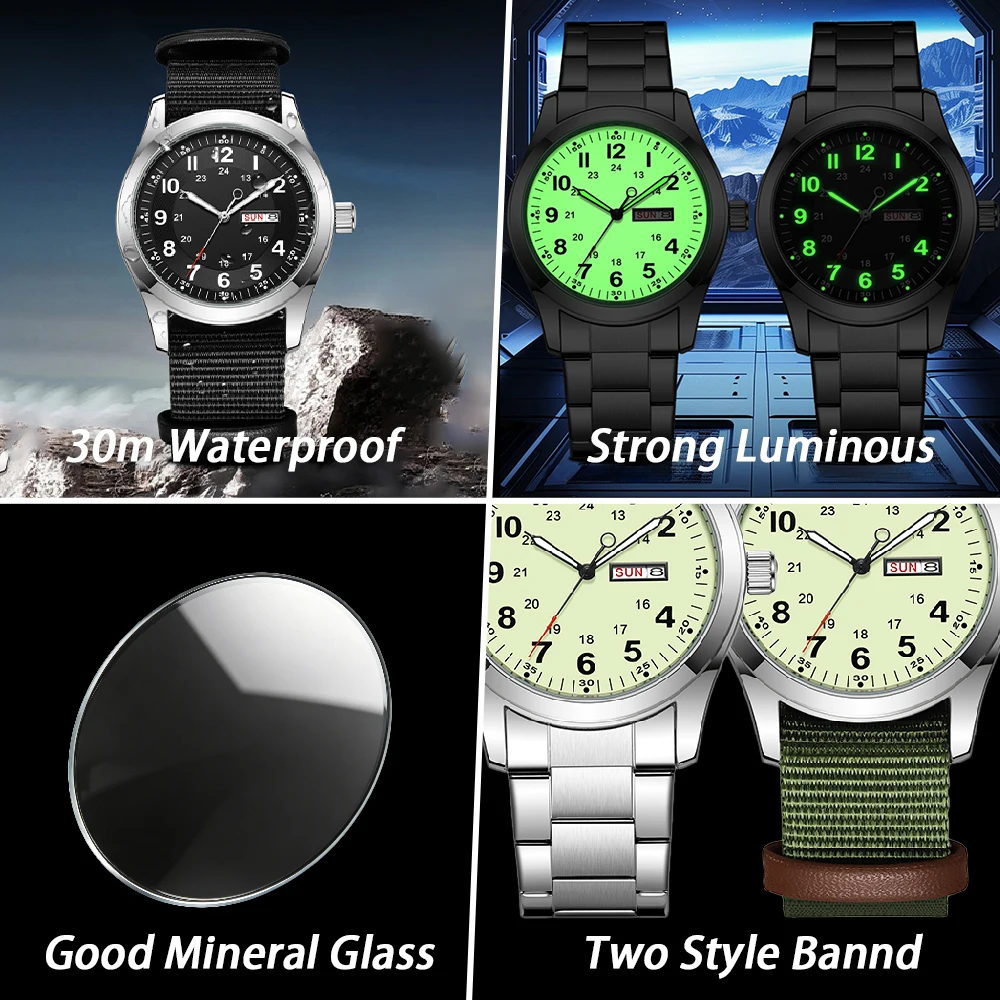 Reloj de Pulsera 2026 de 42 mm con Esfera Luminosa, Función de Día y Fecha, Correa de Lona Verde, Resistente al Agua 30M, Correa Color Caqui