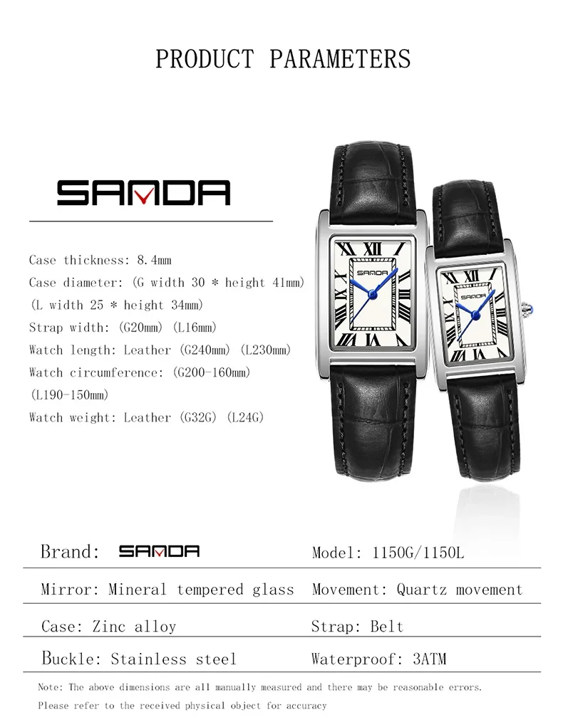 Reloj SANDA de lujo para parejas, correa de cuero resistente al desgaste, esfera cuadrada, resistente al agua, deportivo, informal, relojes de cuarzo para hombres y mujeres