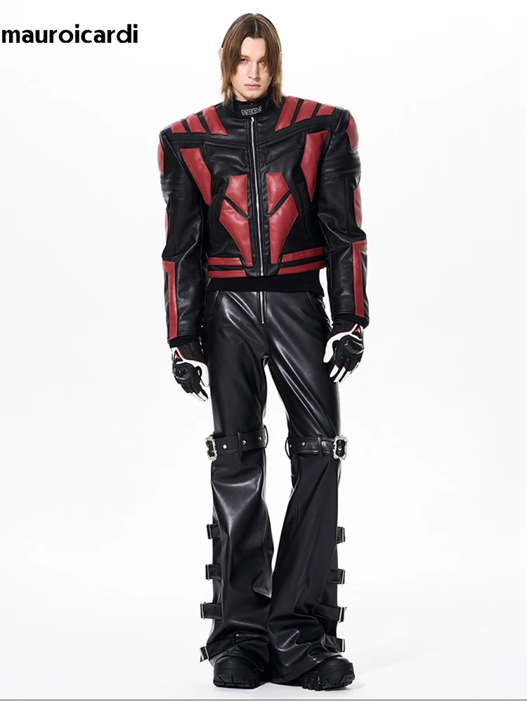 Pantalones Largos de Cuero PU Negro para Hombre, Estilo Flare, de Mauroicardi, para Primavera y Otoño, con Remaches, Diseño de Lujo, Estilo Emo Alternativo