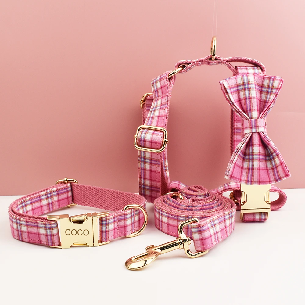 Collar, arnés y correa para perro a cuadros rosa, con placa de identificación grabada personalizada, artículos personalizados para perros