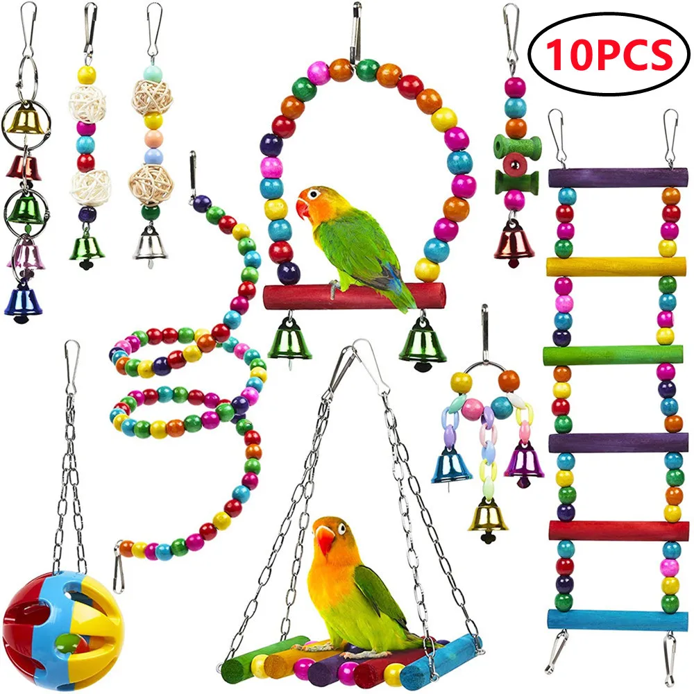 Juego de juguetes para pájaros combinados, columpio, juguetes de entrenamiento para masticar, hamaca colgante para loros pequeños, jaula para loros, campana, perca, juguetes con escalera