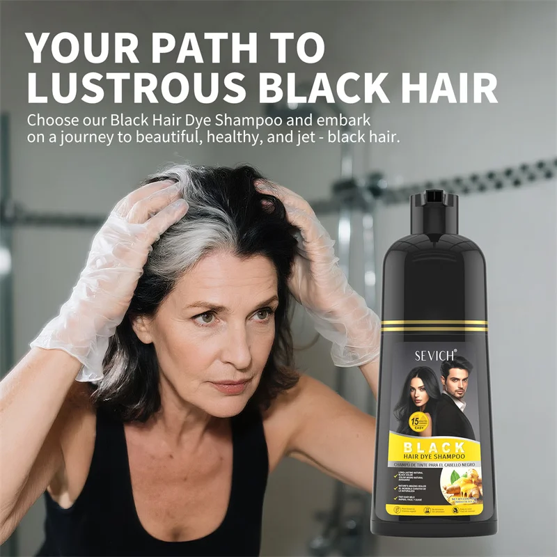 Tinte de cabello saludable a base de hierbas 3 en 1, champú para tinte de cabello negro de 500ml para hombres y mujeres, champú de Color instantáneo de plantas, tinte para el cabello negro de jengibre