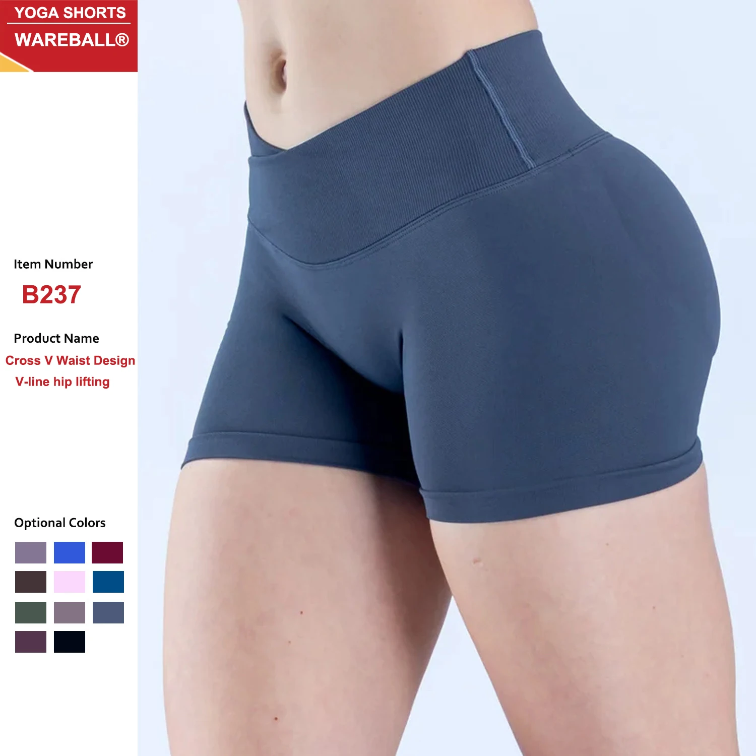 WAREBALL Shorts de 3 pulgadas para mujer, shorts deportivos de ciclismo, cintura cruzada, para gimnasio, entrenamiento, yoga, leggings sin costuras con efecto fruncido en glúteos