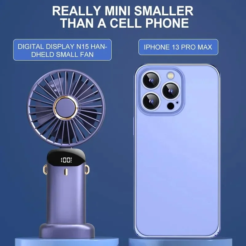 Mini ventilador portátil de mano, ventiladores plegables para colgar en el cuello, ventilador recargable por USB de 5 velocidades con soporte para teléfono y pantalla de visualización de 1800mAh