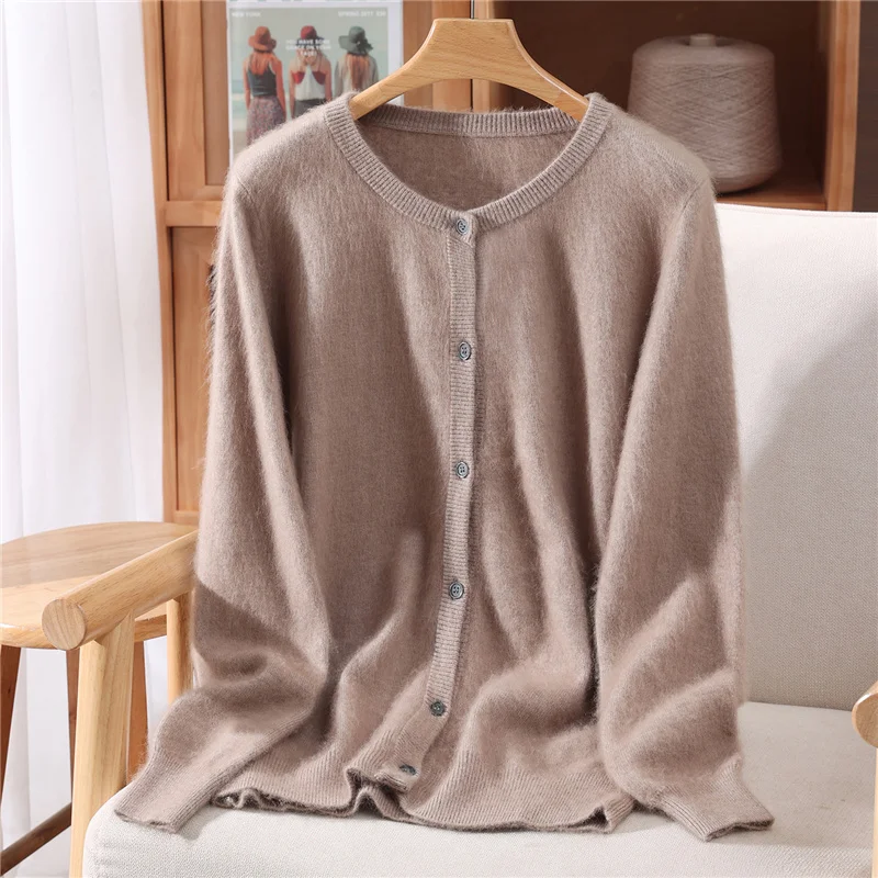 Nuevo suéter de cachemira de visón de 100% para mujer, cárdigan con botones y cuello redondo, suéter suave y cálido para otoño e invierno, Tops informales de manga larga