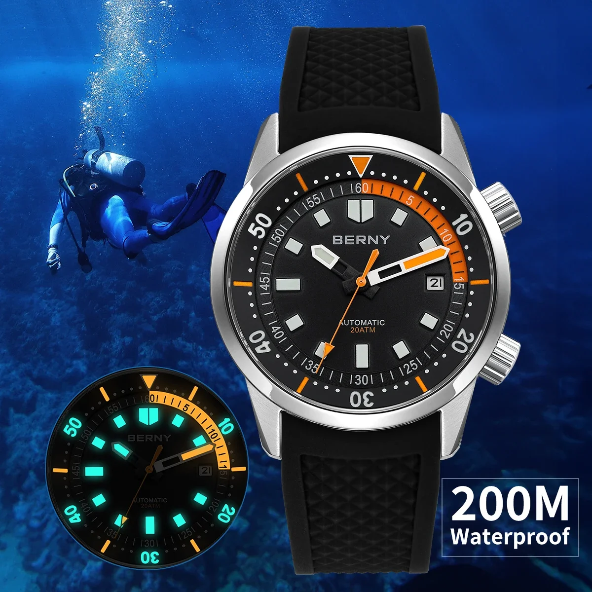 Relojes de buceo BERNY para hombre, reloj de buceo mecánico automático superluminoso resistente al agua hasta 200M, reloj de pulsera de buceo para natación de zafiro de 42mm