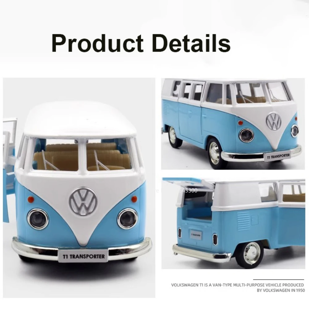 1:36 Volkswagen VW T1 autobús coche de juguete modelo aleación Diecast con puertas extraíbles modelos de furgoneta abierta los mejores regalos para niños juguete