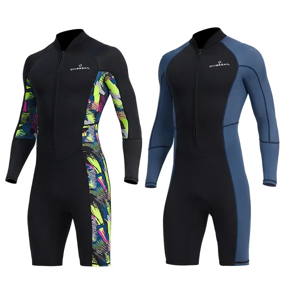 Traje de neopreno corto de 1,5mm para hombre, traje de buceo de manga larga de Lycra con cremallera frontal a prueba de rayos UV para snorkel subacuático, natación y surf