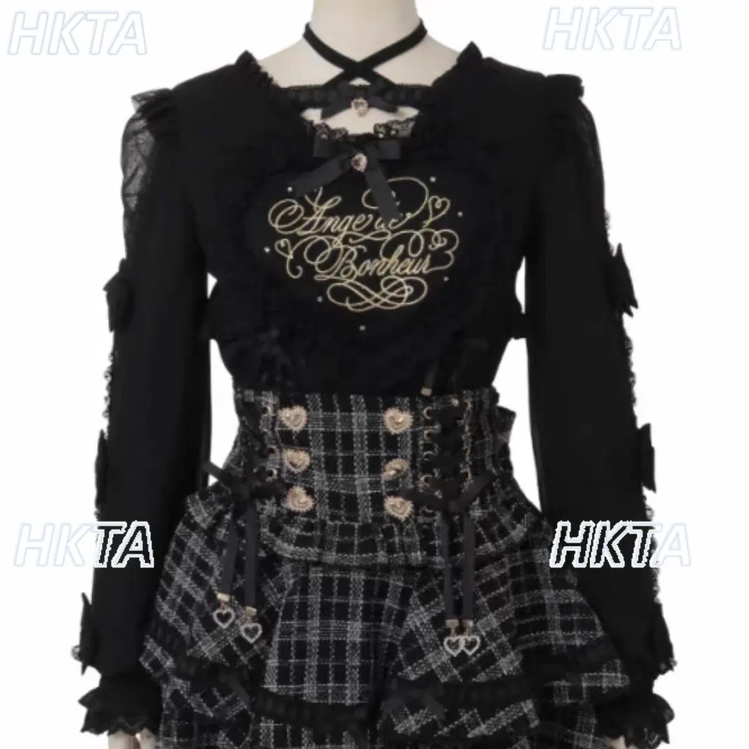 Camisas Lolita Japonesas Nuevas, Dulces y Lindas, Color Rosa Blanco, para Mujer, Estilo Kawaii, con Encaje, Corazón Grande, Tirantes Cruzados, Mangas Largas, Blusas, Camiseta Liz