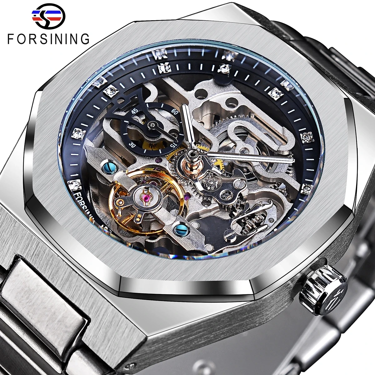 Reloj Mecánico Automático Informal Forsining para Hombre, Manecillas Luminosas, Correa de Acero Inoxidable, Reloj de Pulsera de Lujo con Esqueleto