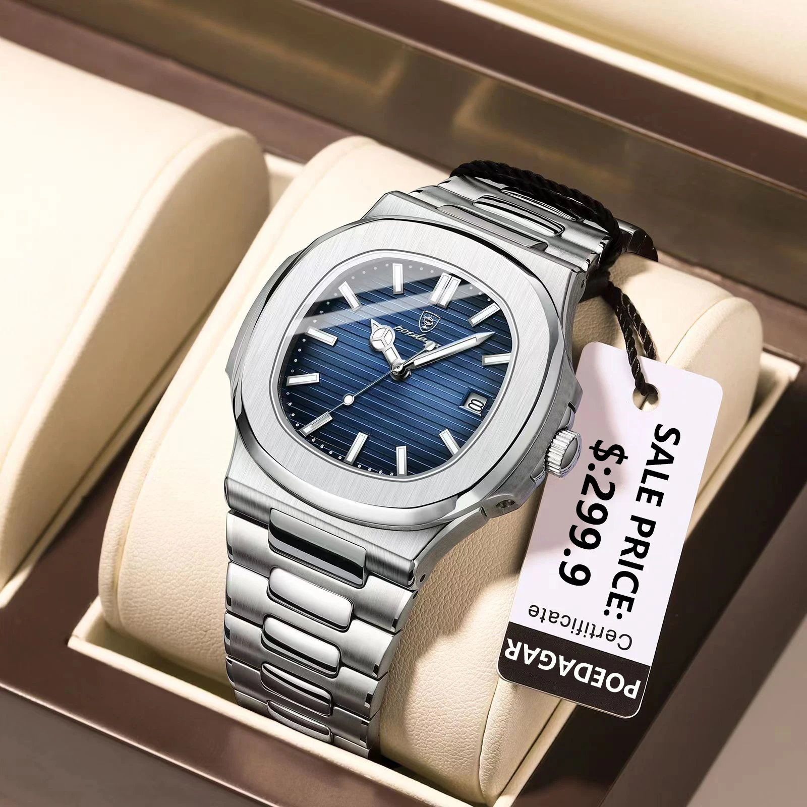 POEDAGAR, reloj cuadrado de cuarzo a la moda para hombre, relojes de acero inoxidable con fecha luminosa resistente al agua para hombre, reloj de pulsera de lujo para hombre de negocios