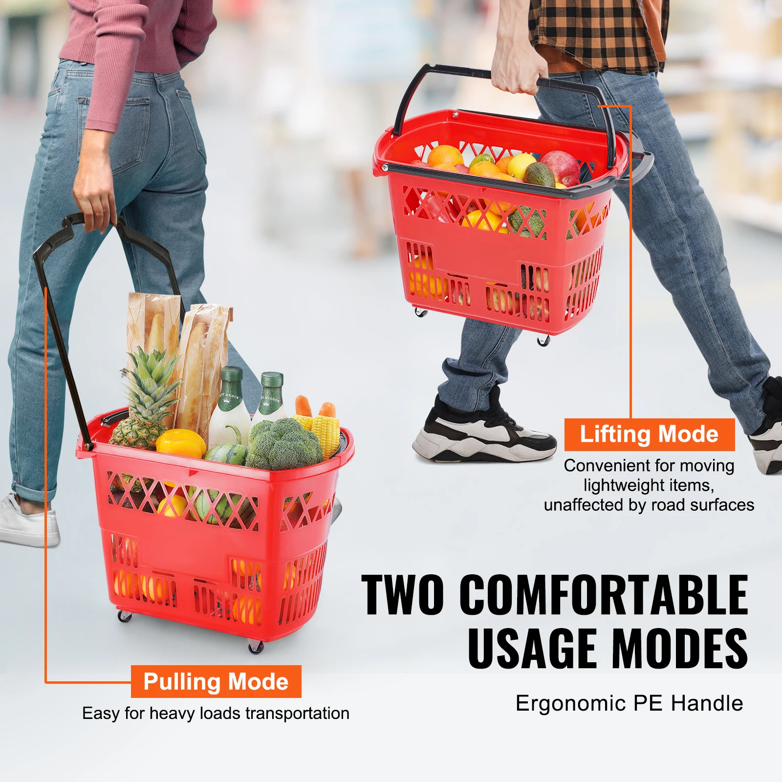 SucceBuy 6 cestas de compras con ruedas de 39L con asas y ruedas portátiles para supermercados, tiendas minoristas, comestibles