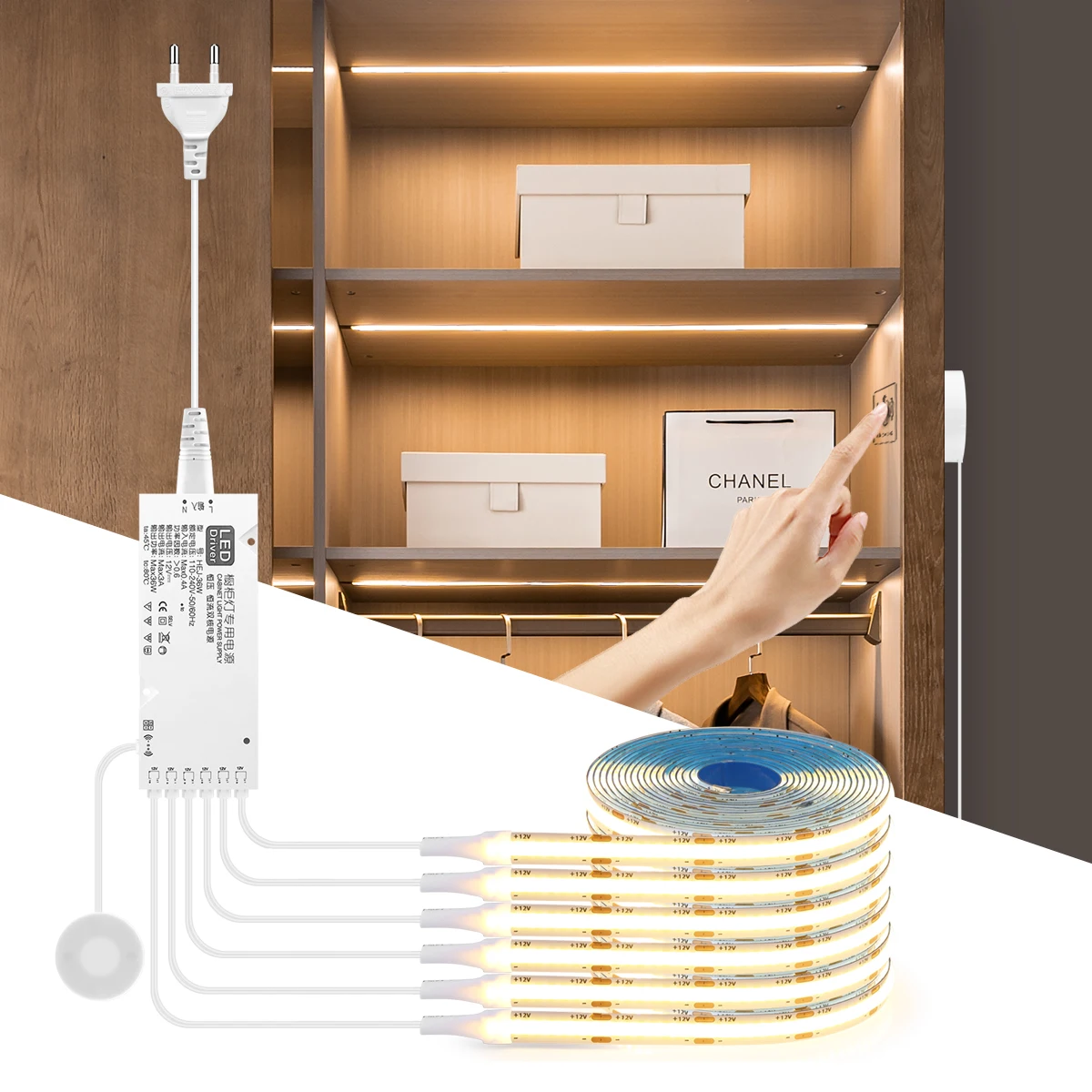 Tira de luces LED regulable para armario, estante de cocina, despensa, escaparate, dormitorio, armario, lámpara de retroiluminación, interruptor de Sensor de movimiento táctil manual