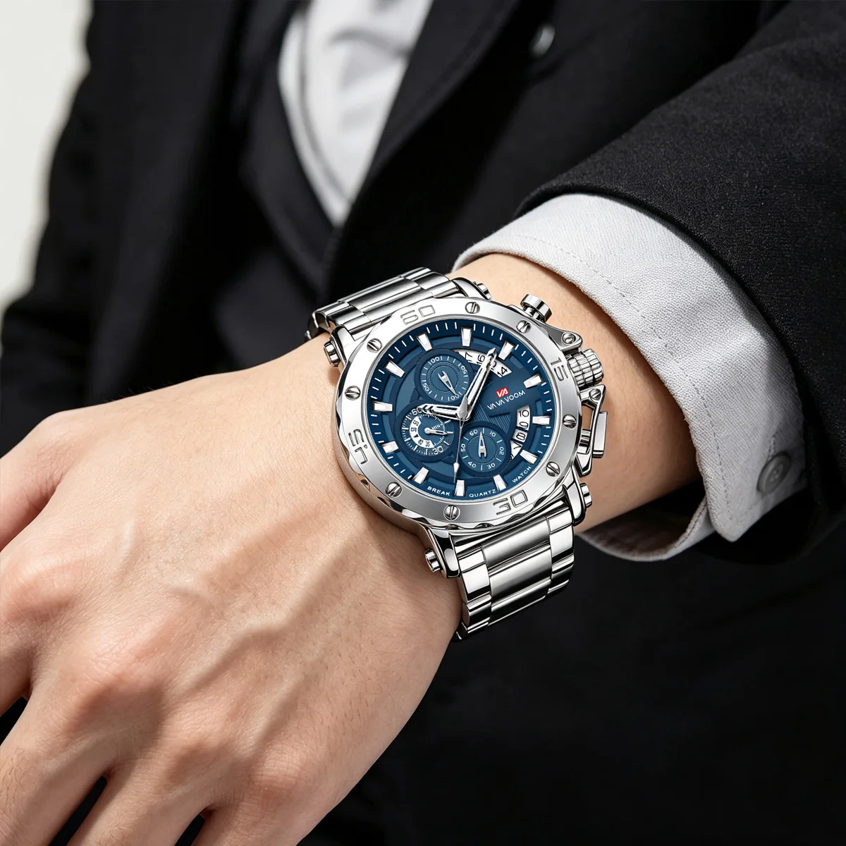 Reloj cronógrafo VA VA VOOM para hombre, calendario luminoso, resistente al agua, reloj de lujo para hombre, relojes de cuarzo de acero inoxidable para hombre, Reloj