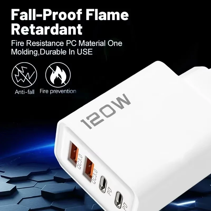 Estación de carga rápida USB C de 4 puertos y 120W, adaptador de pared PD QC3.0, cable de datos para iPhone, Samsung, Xiaomi, Huawei, enchufe EU, US, UK, para viajes