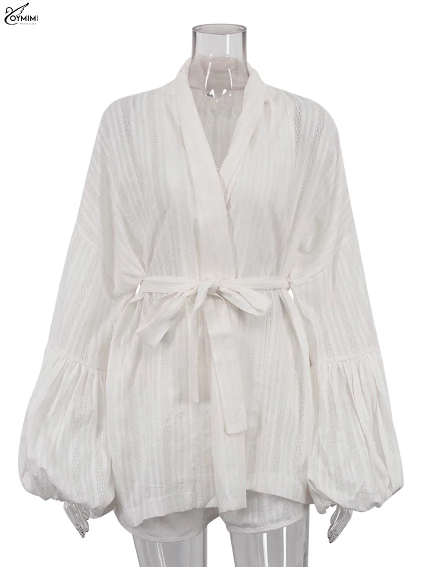 Oymimi-Conjunto de dos piezas de algodón blanco para mujer, camisas holgadas con cordones y mangas abullonadas elegantes y pantalones cortos de cintura alta, conjuntos femeninos