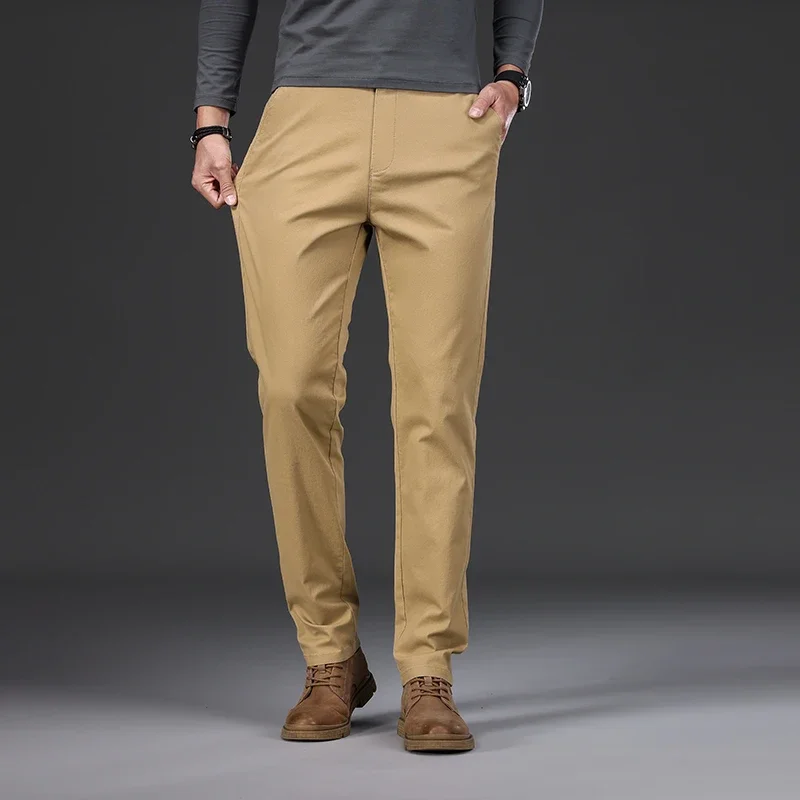 Pantalones informales 97% algodón para hombre, moda de otoño, cómodos, elásticos, ajustados, rectos, de negocios, negro, verde militar, caqui