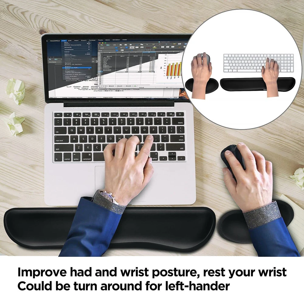 Alfombrilla de ratón con reposamuñecas para teclado, juego de alfombrillas de teclado de espuma viscoelástica con soporte para muñeca, alfombrilla de ratón ergonómica para juegos de oficina, PC y portátil