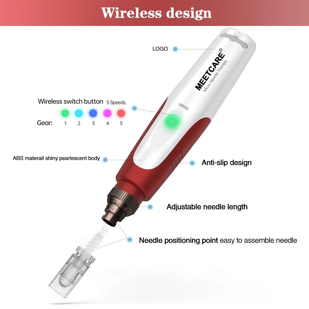 Dermapen Inalámbrico Profesional de Microagujas de 0.2mm con 5 Velocidades Ajustables y Cartucho de Bayoneta