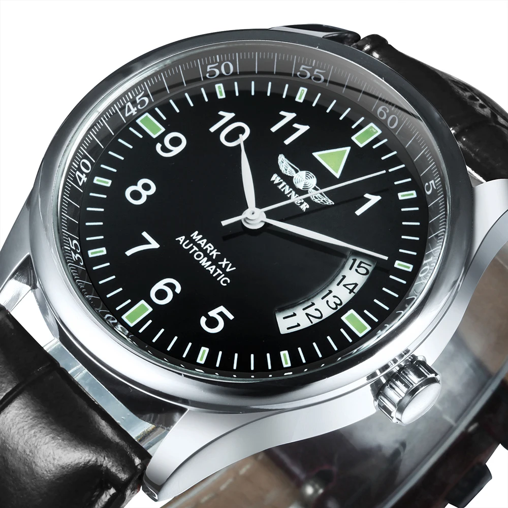Reloj Automático de negocios WINNER para hombre, ventana con calendario, esfera negra a la moda, correa de cuero de moda, relojes mecánicos de marca de lujo