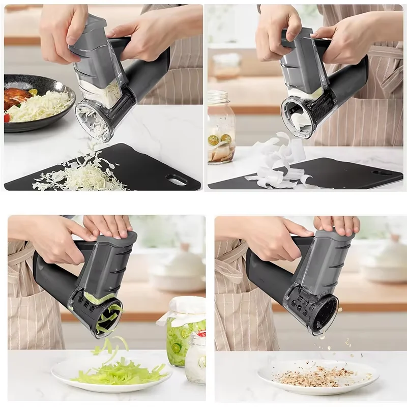 LMETJMA rallador de queso eléctrico, máquina de ensalada portátil con 4 formas diferentes de cuchillas, trituradora cortadora rotativa eléctrica de 40W JT363