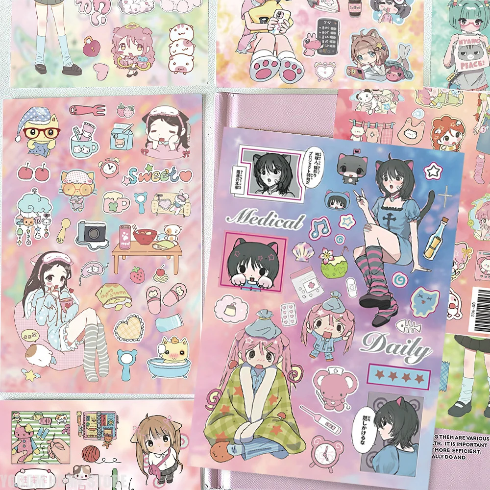 8 Hojas de Adhesivos con Dibujos Animados de Chicas Anime para Manualidades, Suministros de Scrapbooking, Material Kawaii