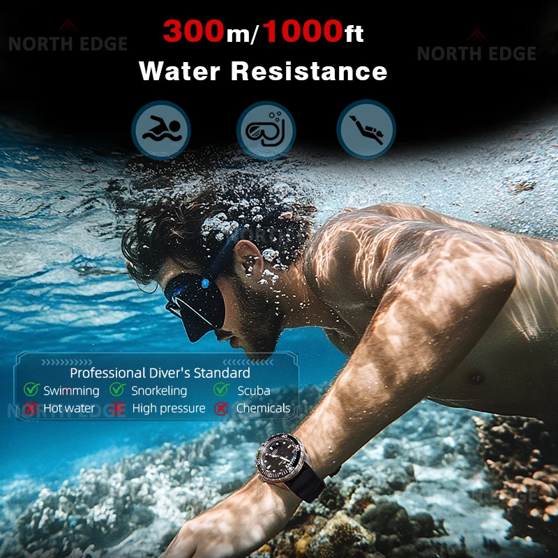 Reloj de buceo NORTH EDGE TRITON-TI de titanio y acero inoxidable, con energía solar, reloj de cuarzo de lujo para hombre, resistente al agua hasta 300 m, con más de 180 días de autonomía.