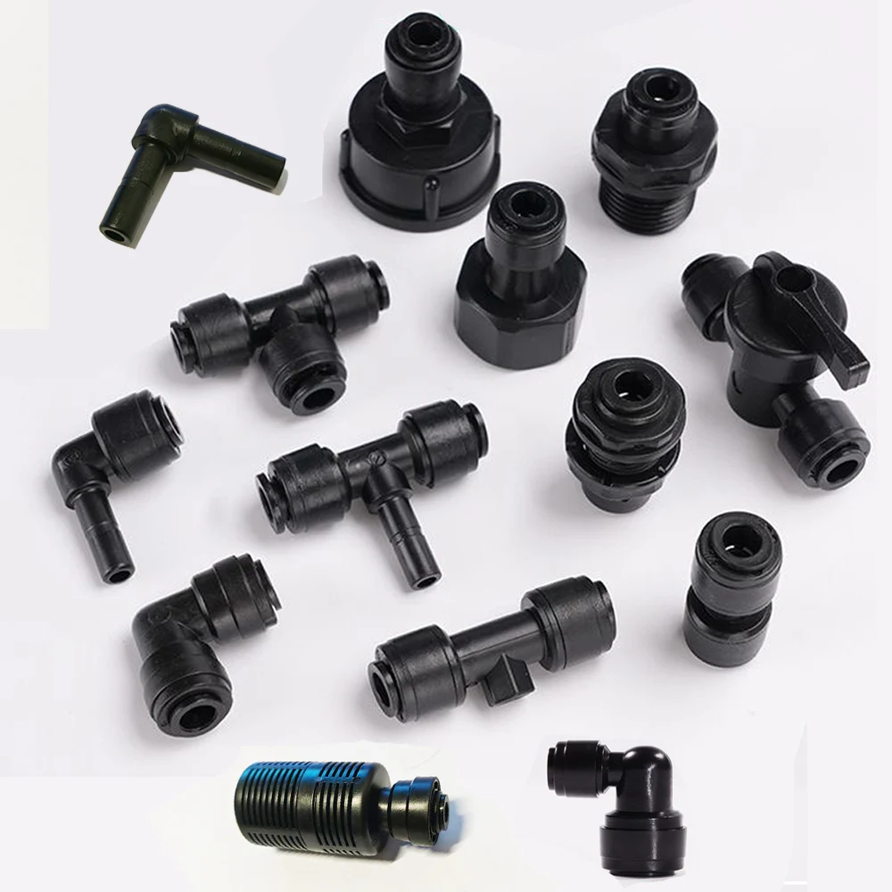 Accesorio de agua RO negro, Tee de codo recto, manguera de acoplamiento POM, tubo de PE, conector de mamparo de vidrio, piezas de filtro de agua, 1/4 "6,35 mm
