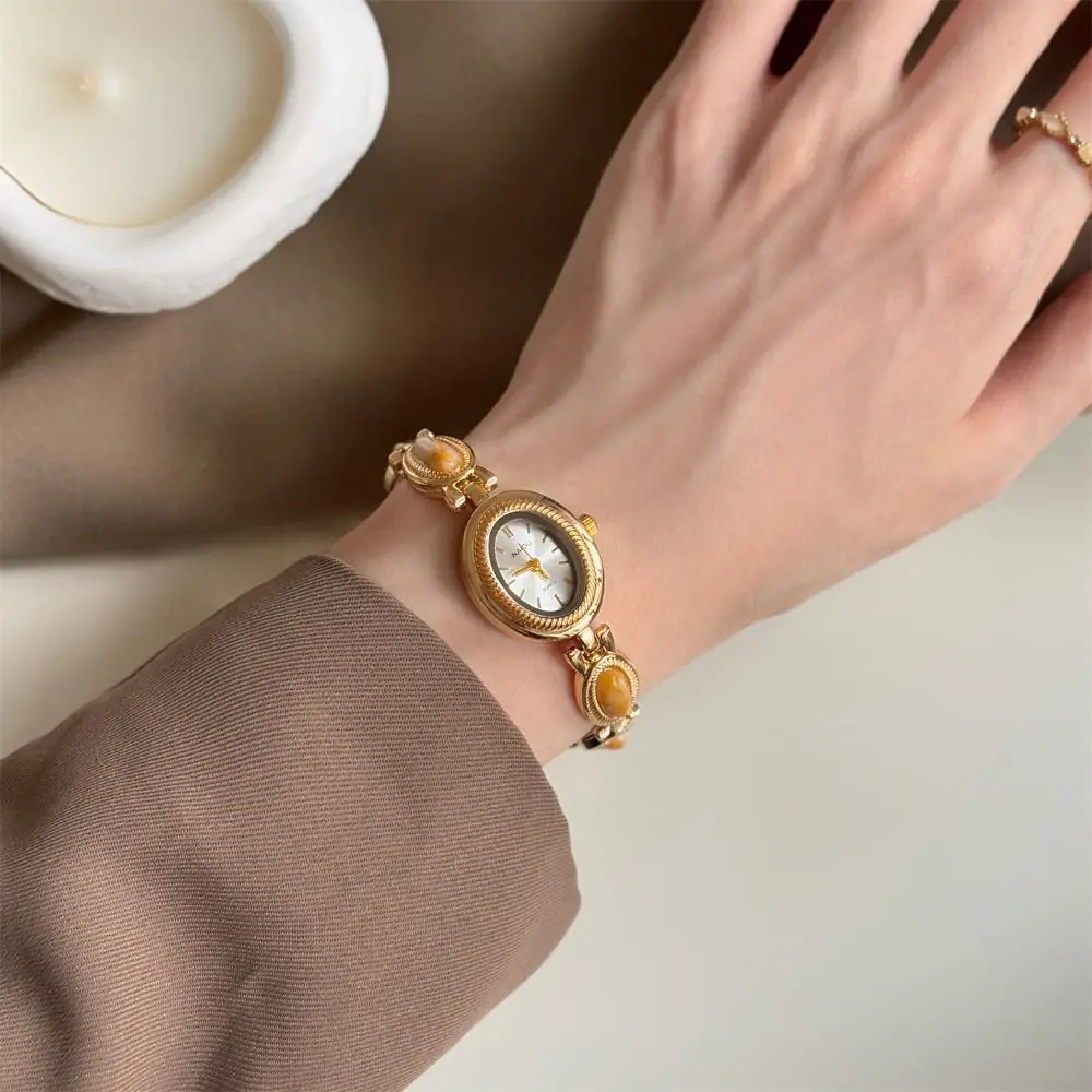 Reloj de Cuarzo Elegante para Mujer, Reloj de Pulsera Ovalado de Lujo, Reloj de Pulsera Vintage con Piedras Preciosas de Colores