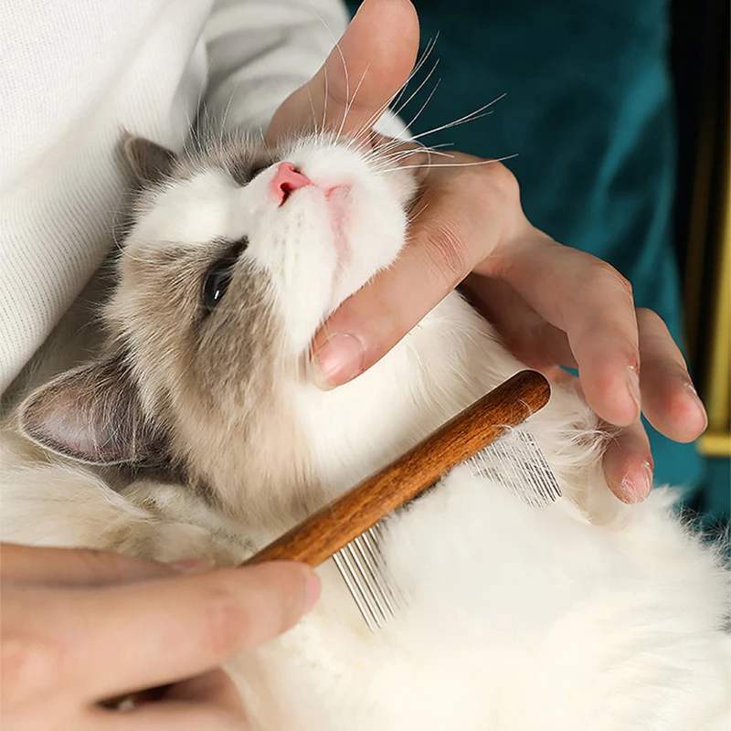 Peine para gatos de acero inoxidable con mango de madera, removedor de pelo de mascotas, cepillo de masaje para perros, herramienta de limpieza, suministros para mascotas