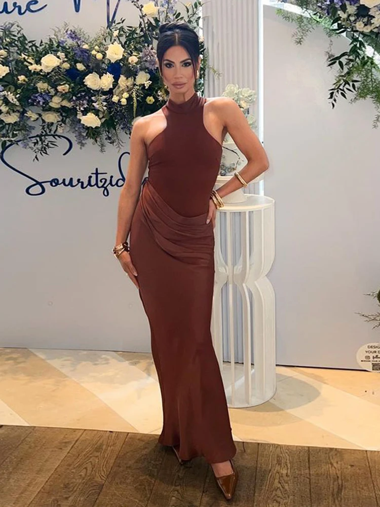 JULISSA MO satén Sexy ahuecado mujeres Maxi vestido negro sin mangas vestido de cintura alta mujer otoño ajustado elegante fiesta Clubwear