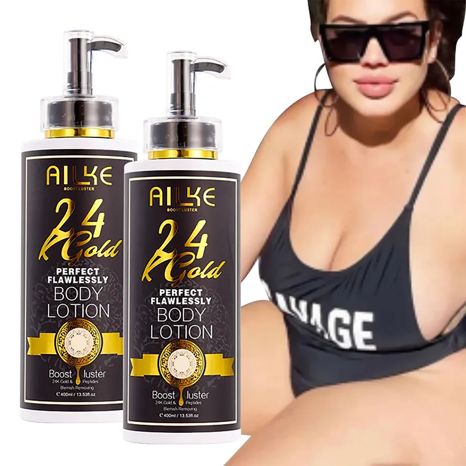 AILKE 24k Gold Loción corporal perfecta y impecable, blanqueadora, inhibe la melanina, hidratante, protección UV, con nicotinamida y vitamina C