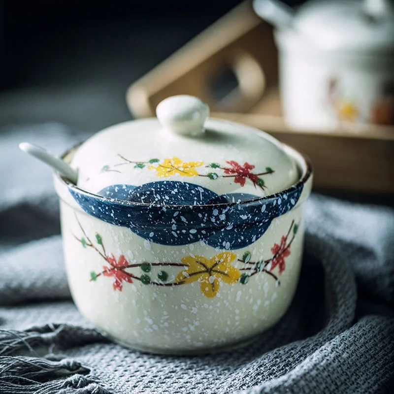 Tarro de cerámica para condimentos con tapa y cuchara, tarros de especias de cocina para sal, azúcar, pimienta y té, caja de almacenamiento de condimentos de estilo japonés, 1 Uds.