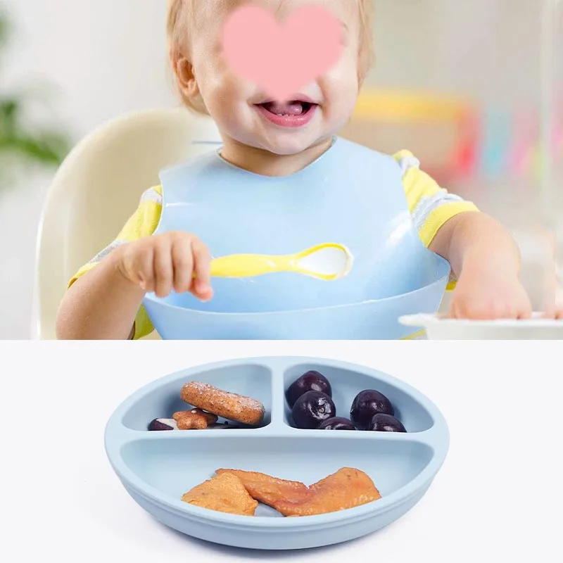 Juego de vajilla de silicona con logotipo de nombre personalizado, juego de alimentación de bebé, cuchara, tenedor, tazón con ventosa, plato de cena de silicona para niños, 8 Uds.