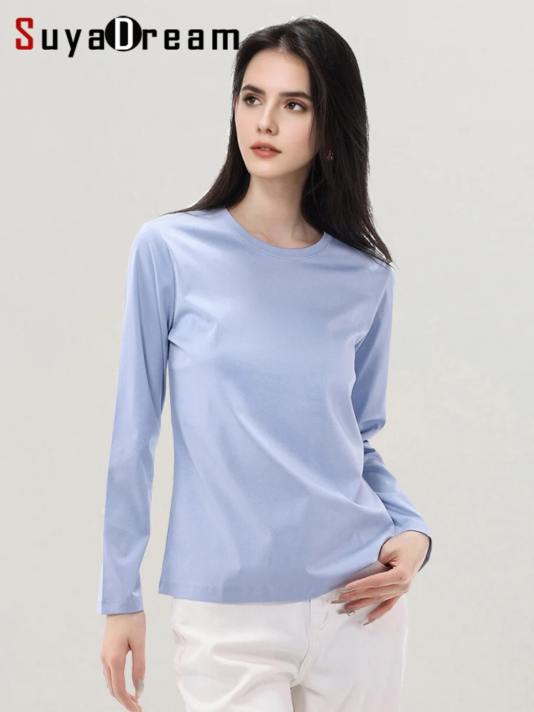 SuyaDream, camisetas lisas para mujer, mezcla de algodón y seda, camiseta lisa de manga larga con cuello redondo, Top básico de primavera y otoño 2025, blanco y negro