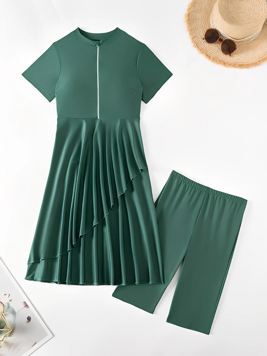 Traje de Baño de Dos Piezas con Cierre y Largo hasta la Rodilla para Mujer, Modelo 2026, Tankini, Vestido de Playa, Traje de Baño Sólido