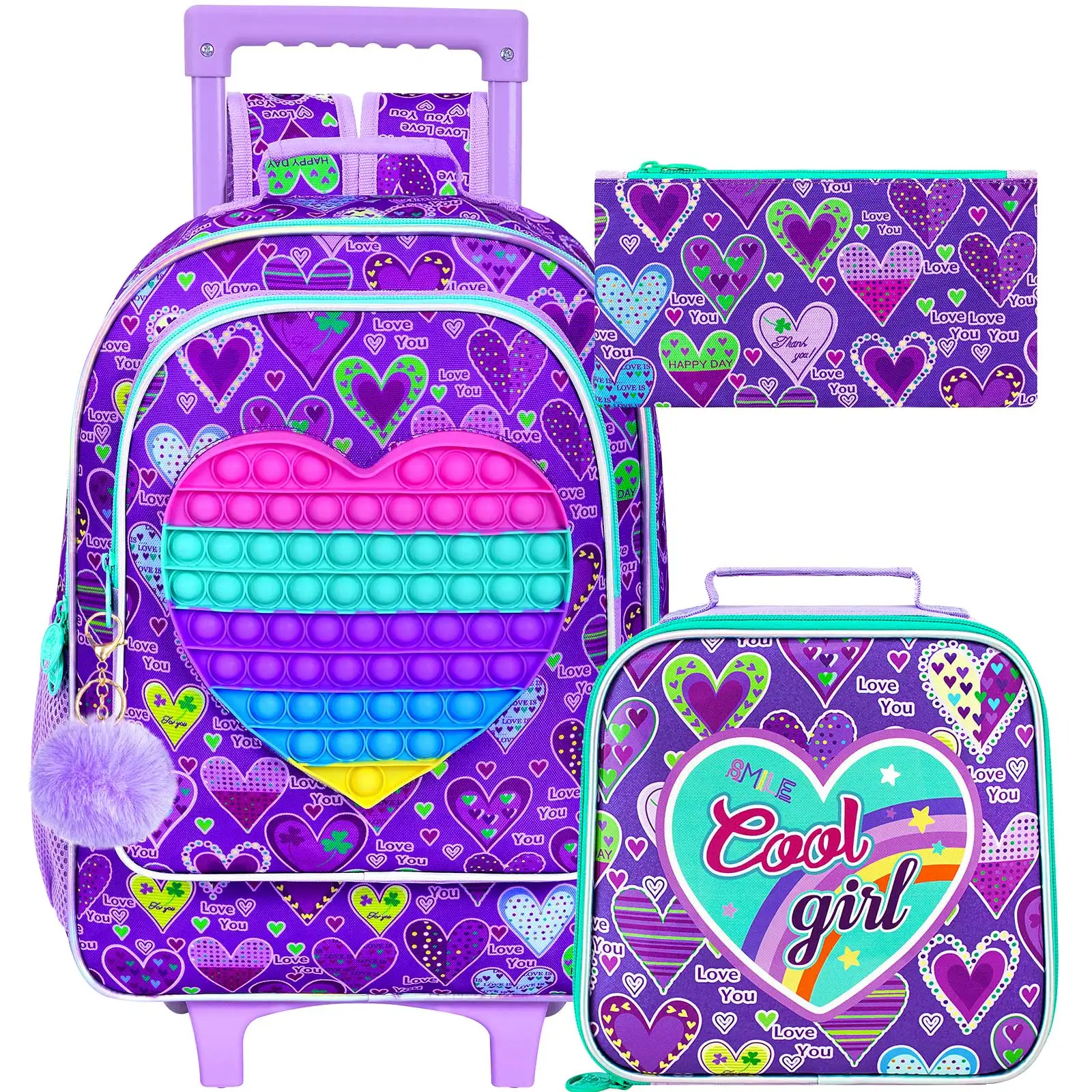 Mochila con ruedas de 3 piezas para niñas, mochila con ruedas para niños, mochila escolar con ruedas y bolsa de almuerzo - Corazón morado