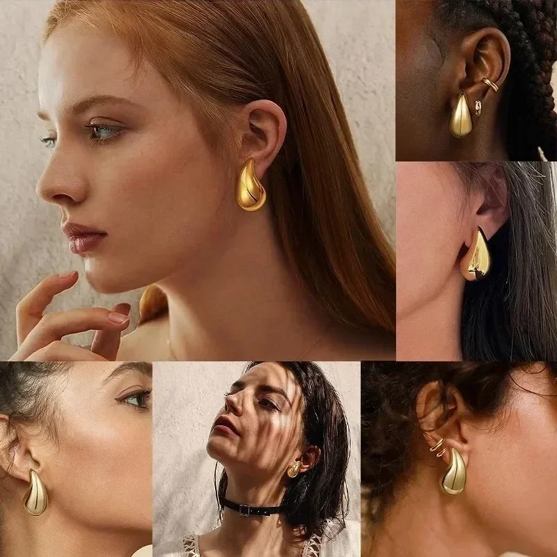 Pendientes de gota de agua de cúpula gruesa chapados en oro de 18 quilates de Plata de Ley 925 para mujer, pendientes de aro de lágrima gruesos brillantes Vintage, joyería