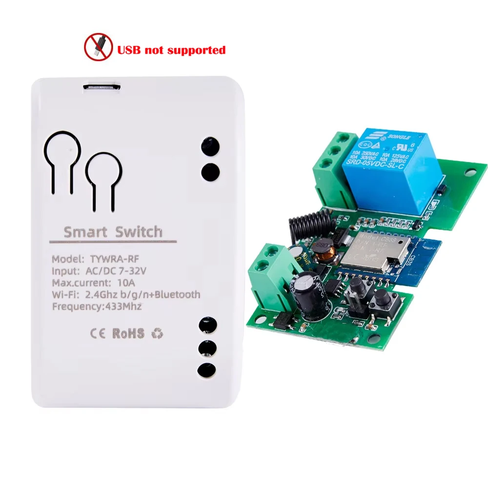 Interruptor Inteligente Wifi de 1 Canal, 7-32V, Mini Controlador de Luz Wifi, Receptor RF 433, Abrepuertas de Garaje, 10A, Compatible con la Aplicación Tuya, Relé de 1 Canal