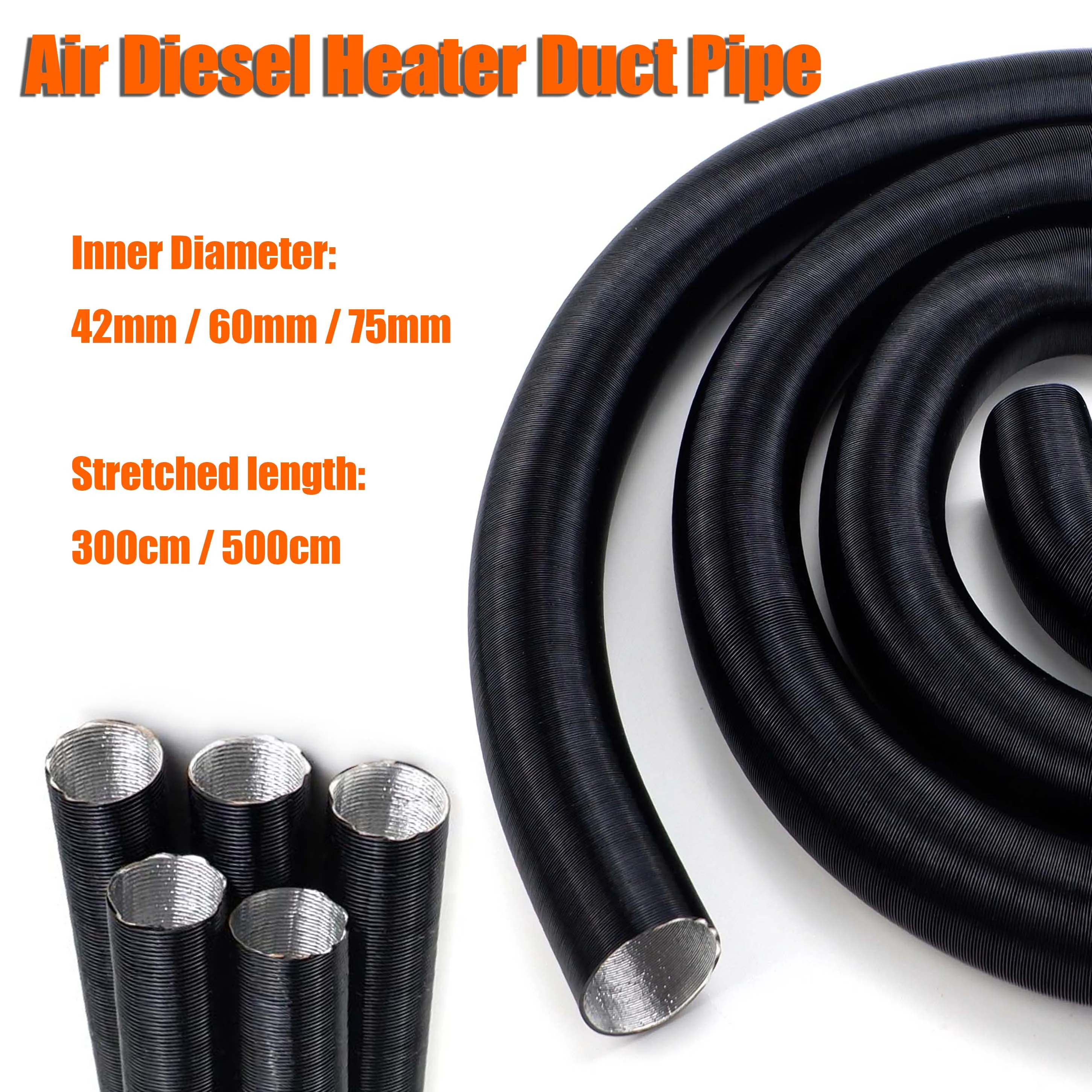 Tubo de conducto de calentador de aire diésel, manguera para coche, Camper, camión, caravana, 42mm, 60mm, 75mm de diámetro interior, longitud estirada, 300cm, 500cm
