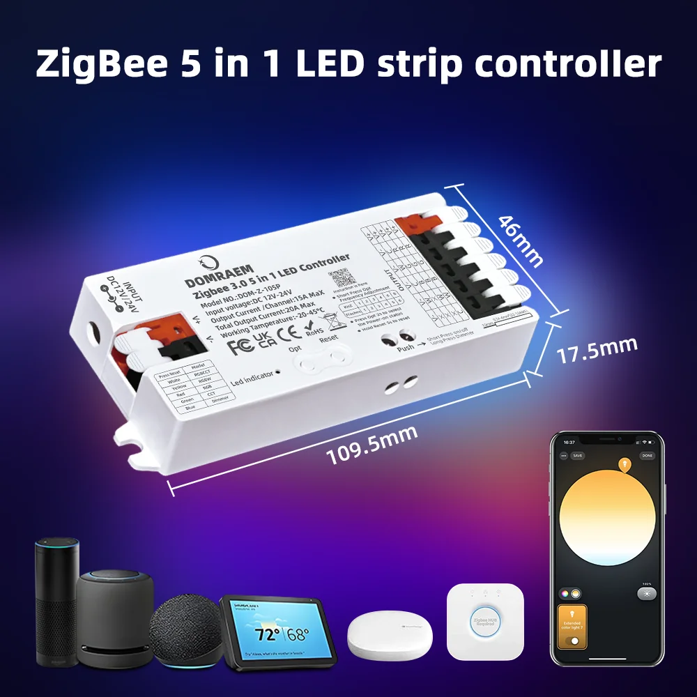 DOMRAEM Zigbee 3.0, controlador de tiras LED 5 en 1, regulador de intensidad, CCT, RGB, RGBW, RGBCCT, PWM, compatible con la aplicación HU*E SmartThings y control por voz, 20 A máx.