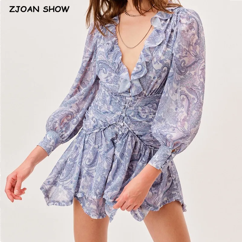 Vestido mini de gasa con estampado floral azul para mujer, con volantes de oreja de madera, cuello en V, botones abiertos, cintura fruncida delgada, manga larga, estilo festivo