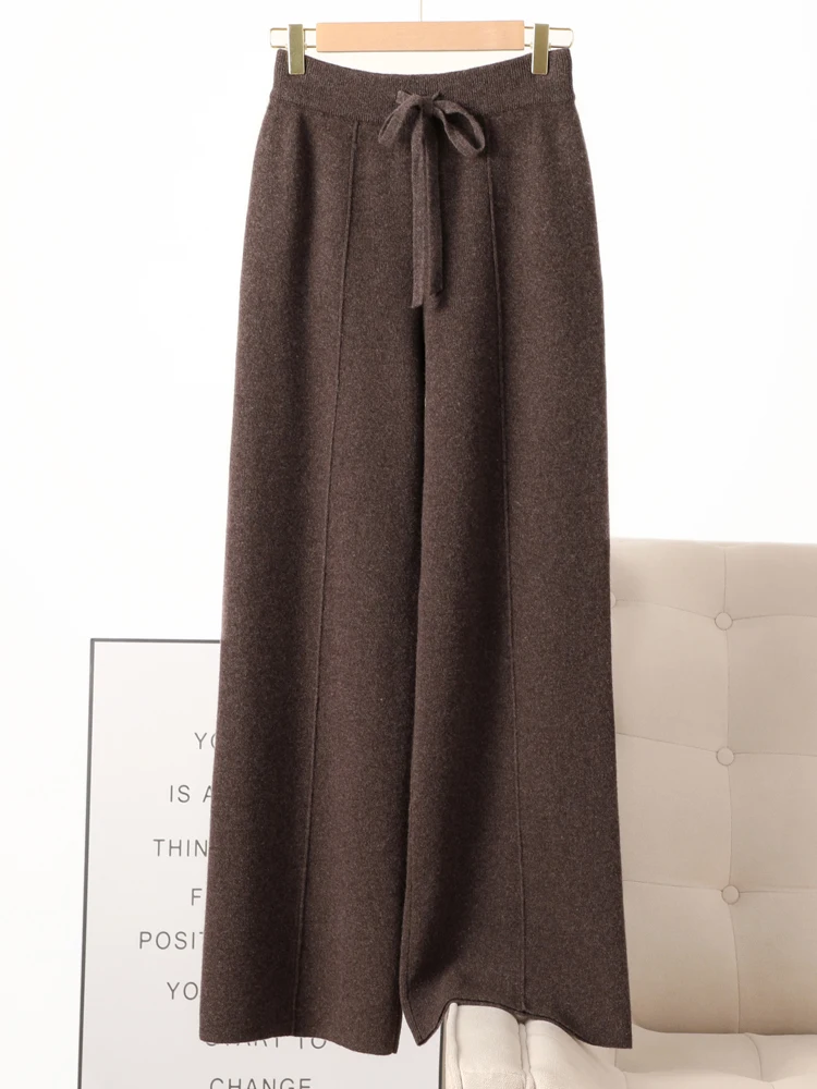 Pantalones de pierna ancha tejidos de lana merina de 100% para mujer, pantalones básicos de punto de Cachemira suaves y cálidos para otoño e invierno, estilo informal Simple coreano