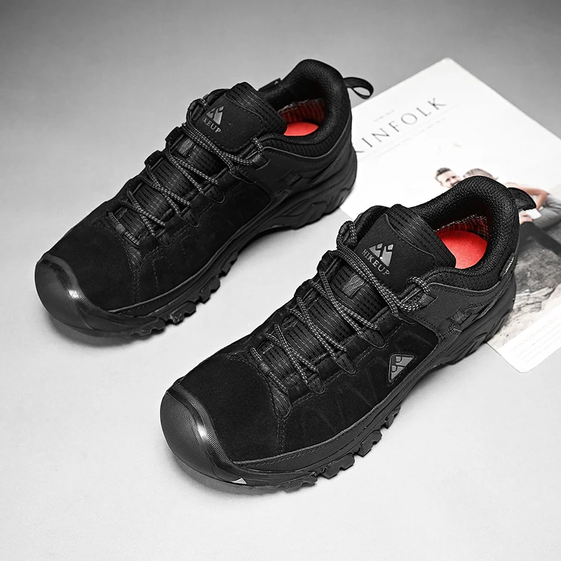 HIKEUP, nuevos zapatos de senderismo para hombre, zapatos de escalada de cuero duraderos de alta calidad, zapatillas para caminar al aire libre, suela de goma, salida de fábrica