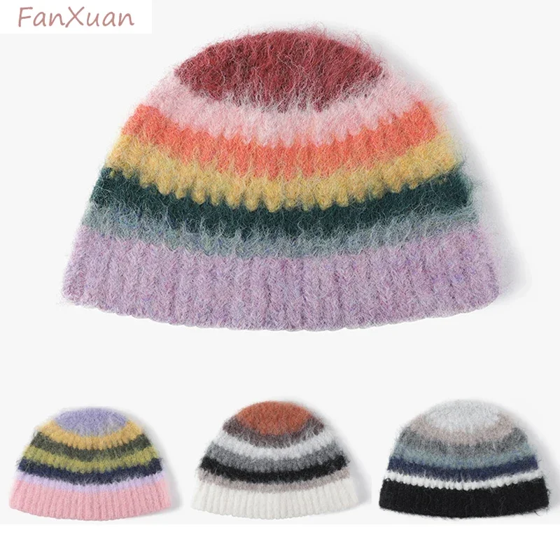 Gorro de punto a rayas para mujer y niña, ropa de calle Y2k, gorro de pescador tejido de lana con rayas degradadas de arcoíris, moda de invierno